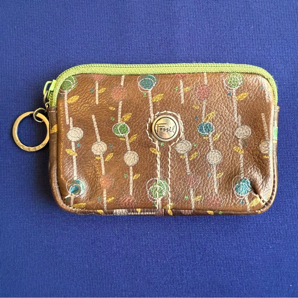 Vintage Fossil Brown Leather Floral Coin Pouch with Keychain